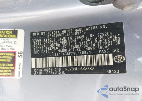 2008 Toyota Camry Solara Sle from USA, damaged, VIN 4T1FA38P78U140931